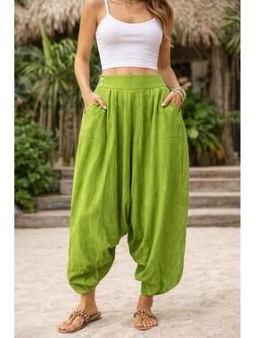 Rhea Malibu Harem Pants Green Apple Boho Balloon Pockets Elastic Waist NWT S/M